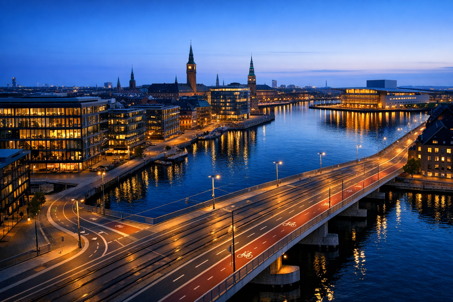 Aerial view of Copenhagen's harborfront and downtown, highlighting transportation infrastructure and contemporary architecture.